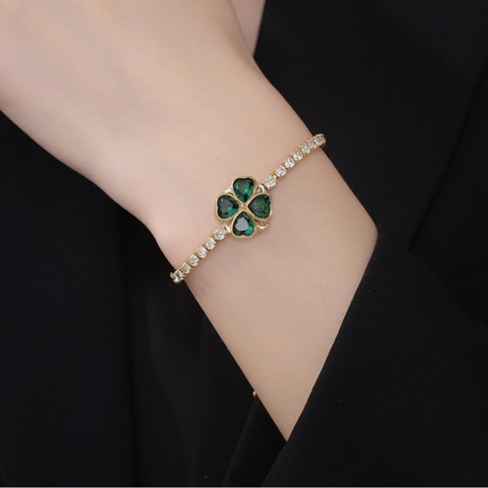 New Rotatable Dainty Green Crystal Clover Flower CZ  Bracelet -St Patrick’s Day